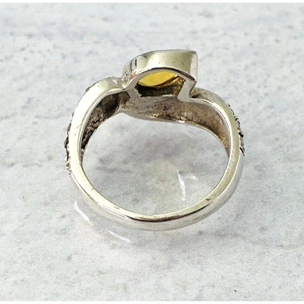 Vintage Marcasite Citrine Sterling Silver Ring Swirl Wave Pear Size 5.25